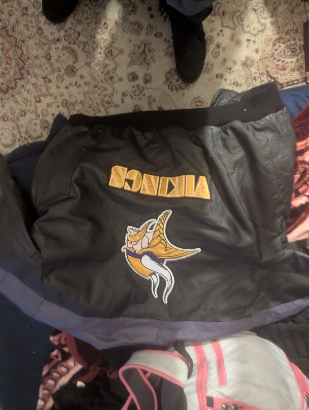 Vintage Carl Banks Black Leather Viking Logo Jacket with Purple And Gold Accents